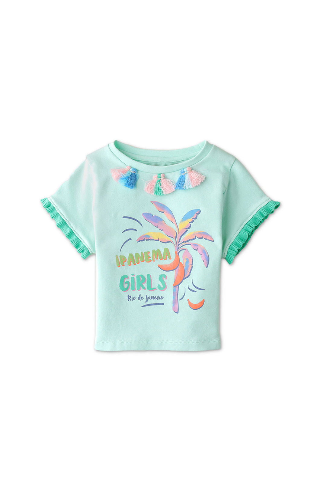 Gingersnaps Ipanema Print Tee W/ Neck Embellisment and Trim On Sleeves