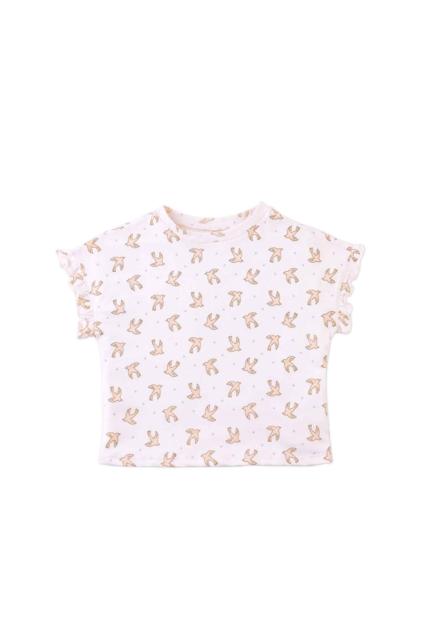 Gingersnaps All Over Bird Print Tee with Ruffle Sleeves