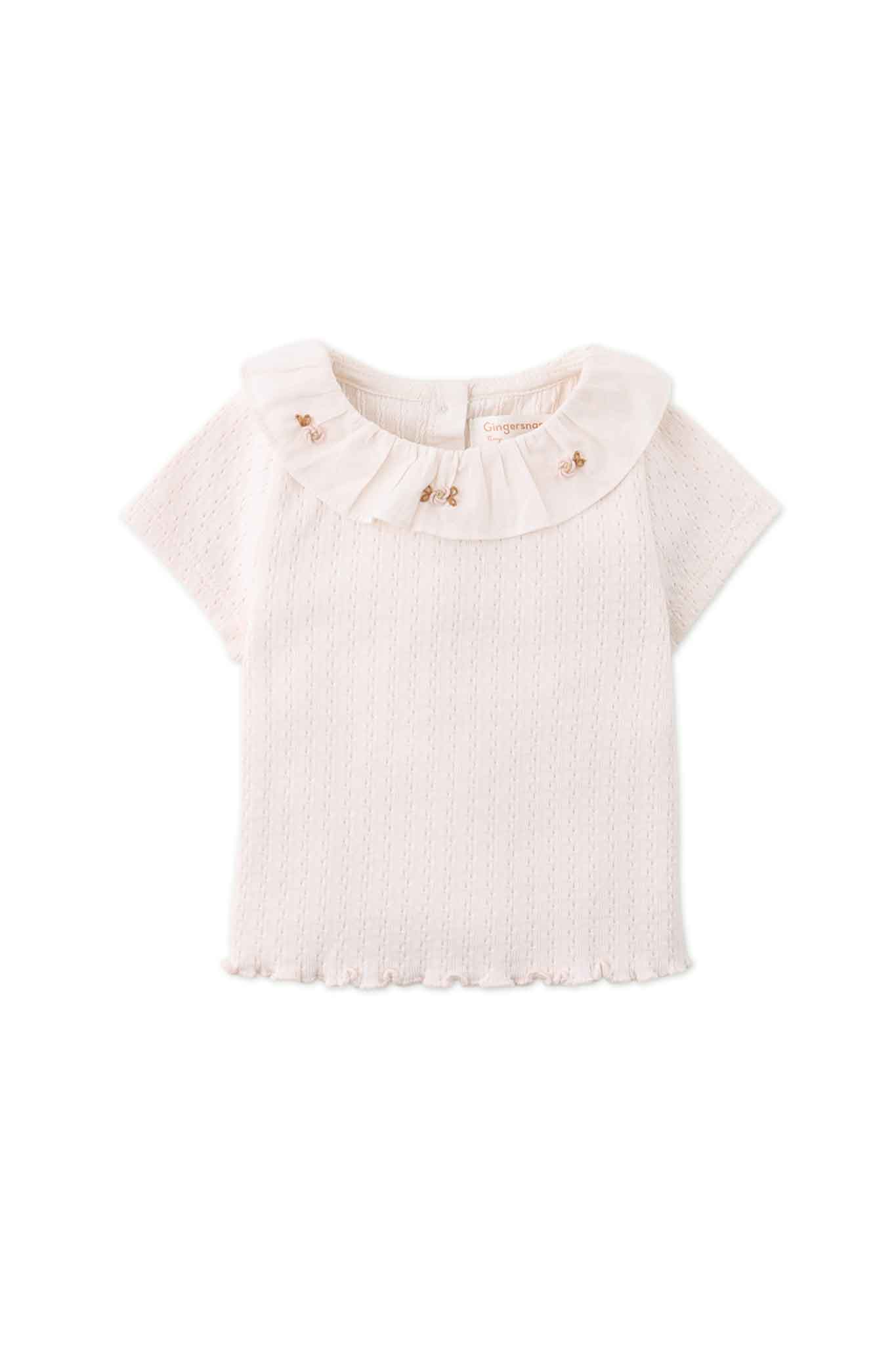 Gingersnaps Short Sleeve Ribbed Top With Collar and Bullion Flower Embroidery