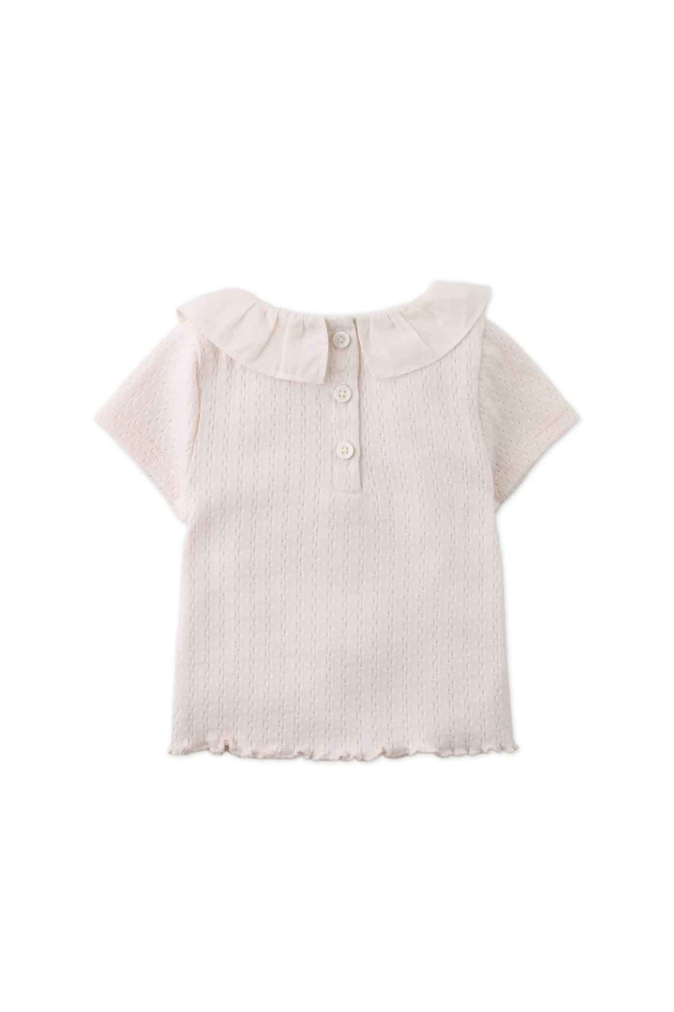 Gingersnaps Short Sleeve Ribbed Top With Collar and Bullion Flower Embroidery