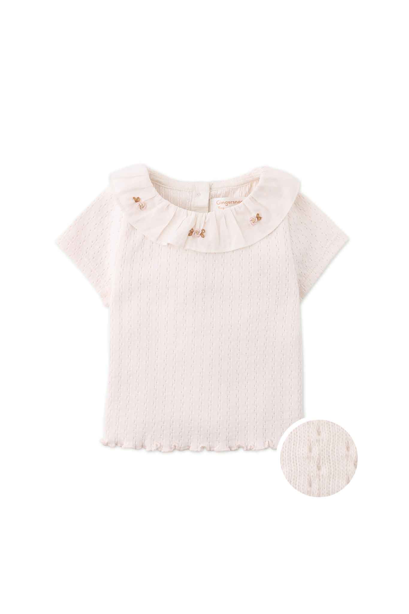 Gingersnaps Short Sleeve Ribbed Top With Collar and Bullion Flower Embroidery