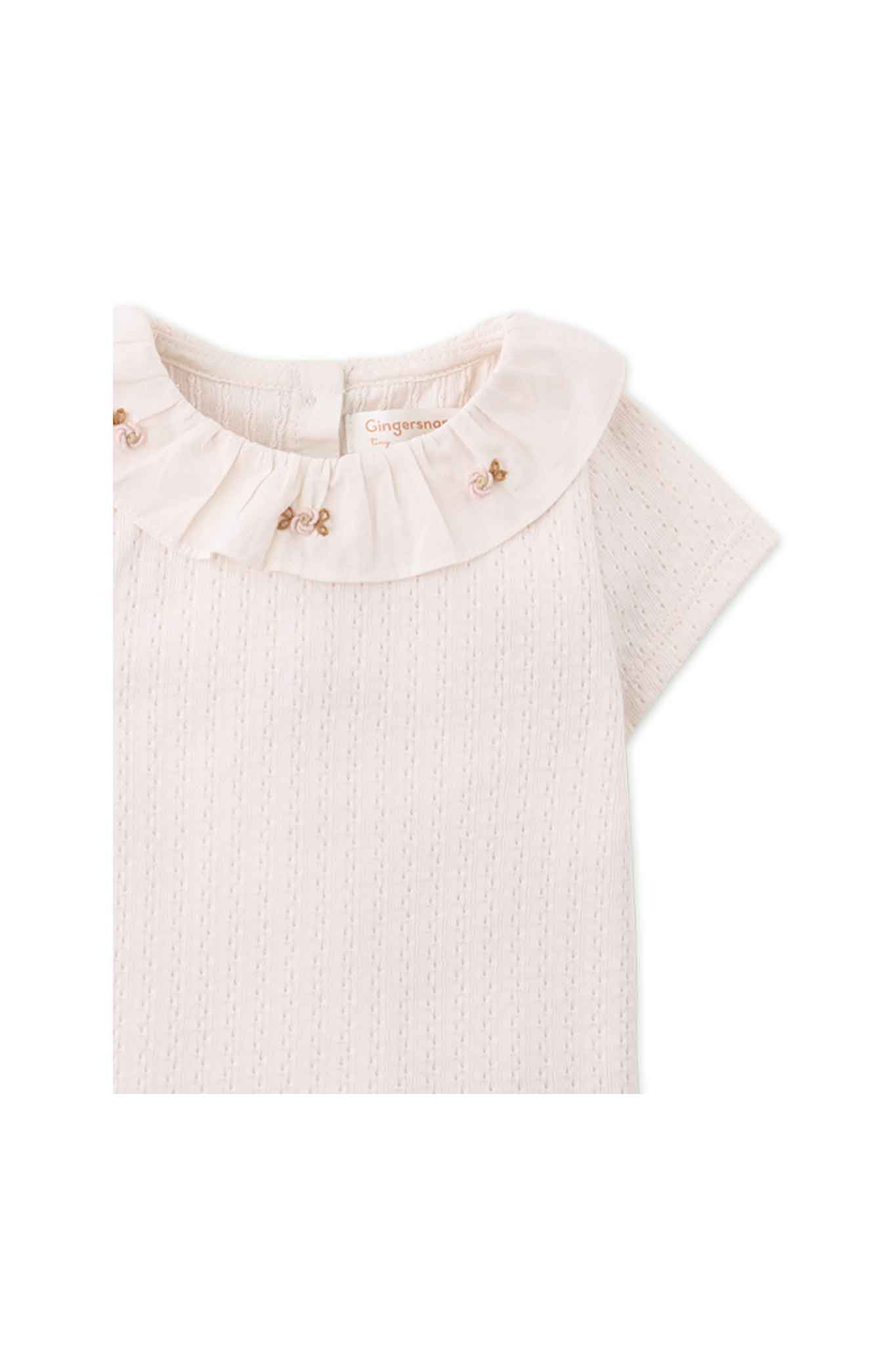 Gingersnaps Short Sleeve Ribbed Top With Collar and Bullion Flower Embroidery
