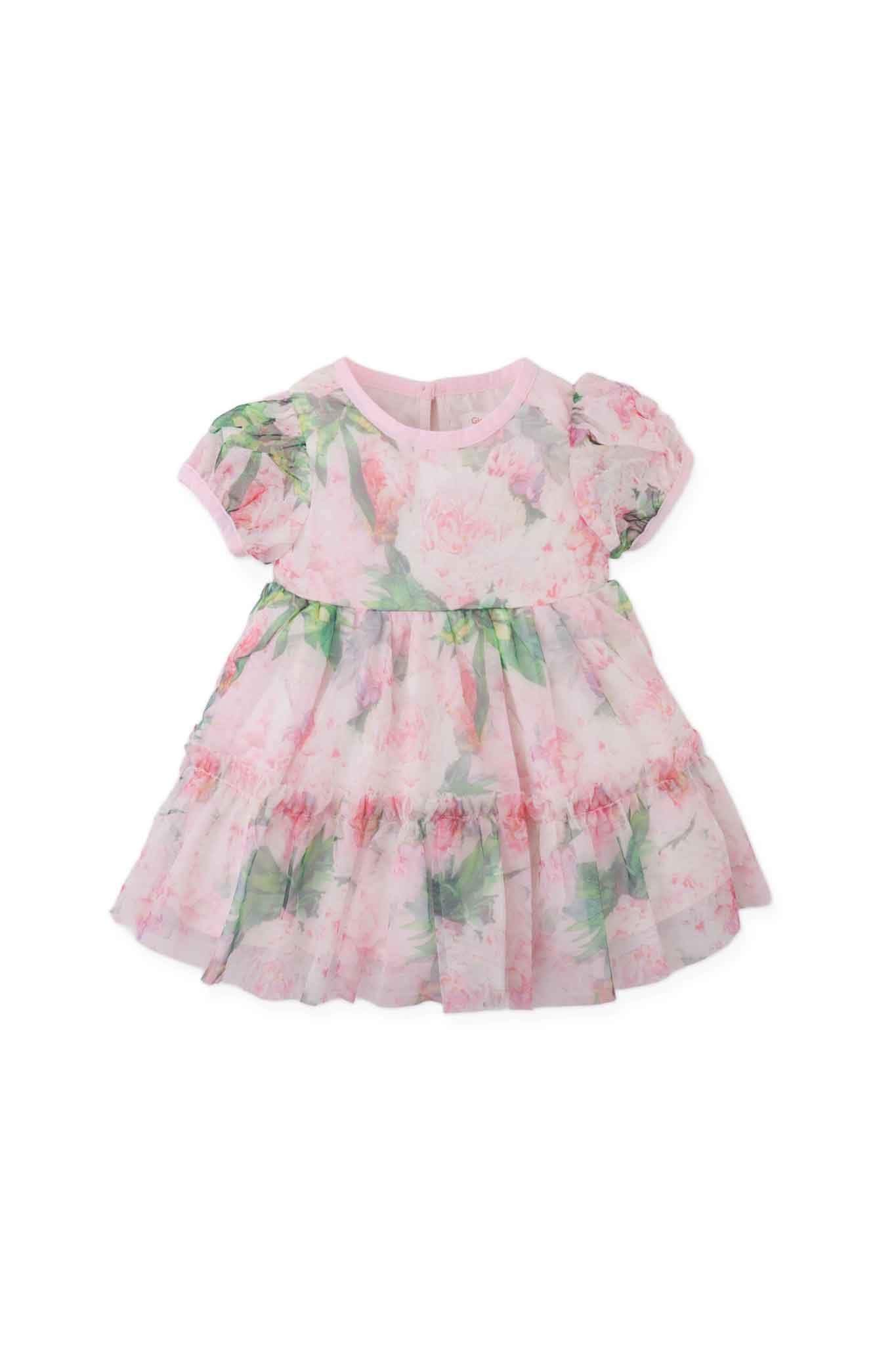 Gingersnaps Puffed-Sleeve Tiered Dress with All-Over Floral Print on Tulle