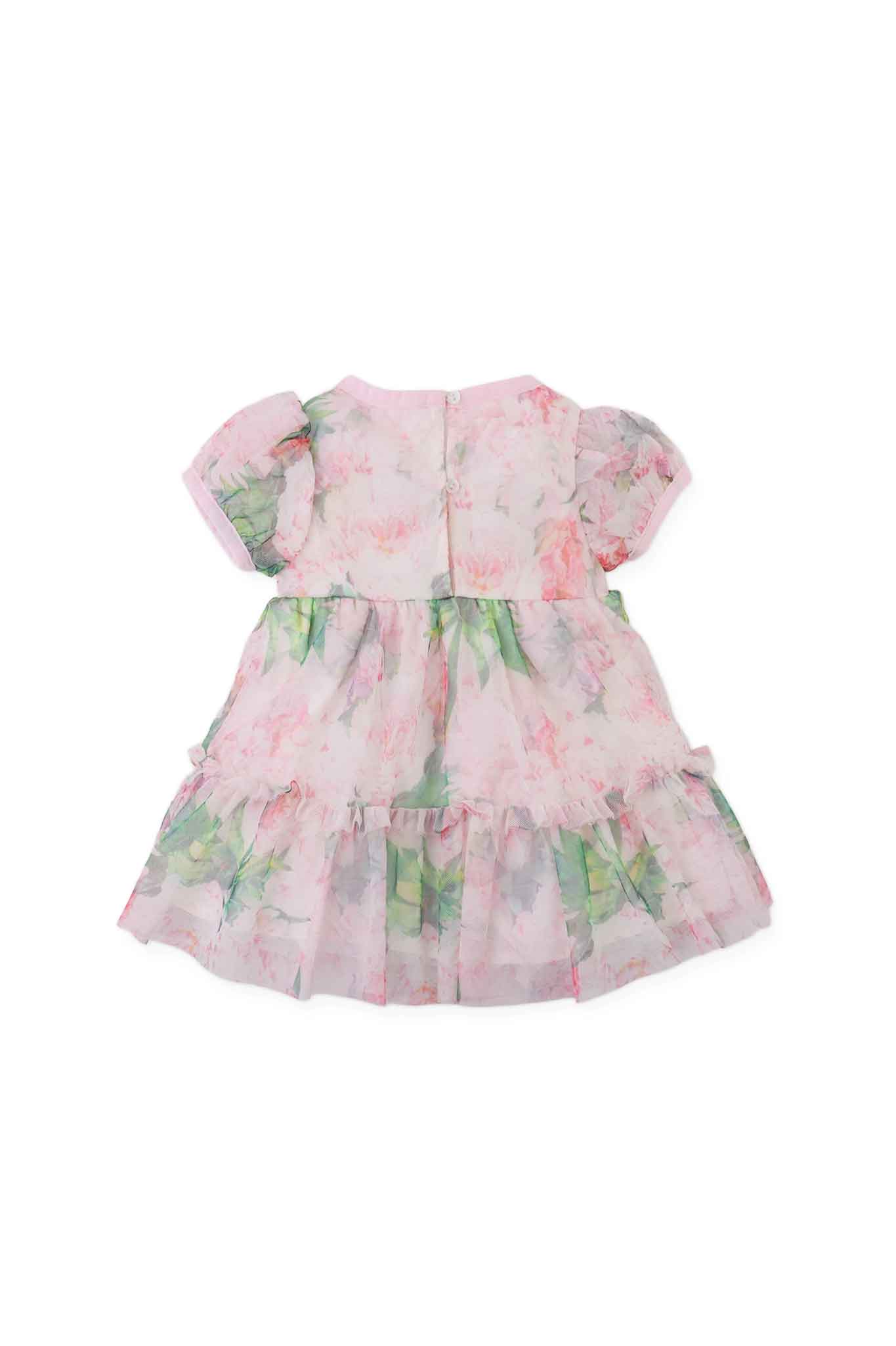 Gingersnaps Puffed-Sleeve Tiered Dress with All-Over Floral Print on Tulle