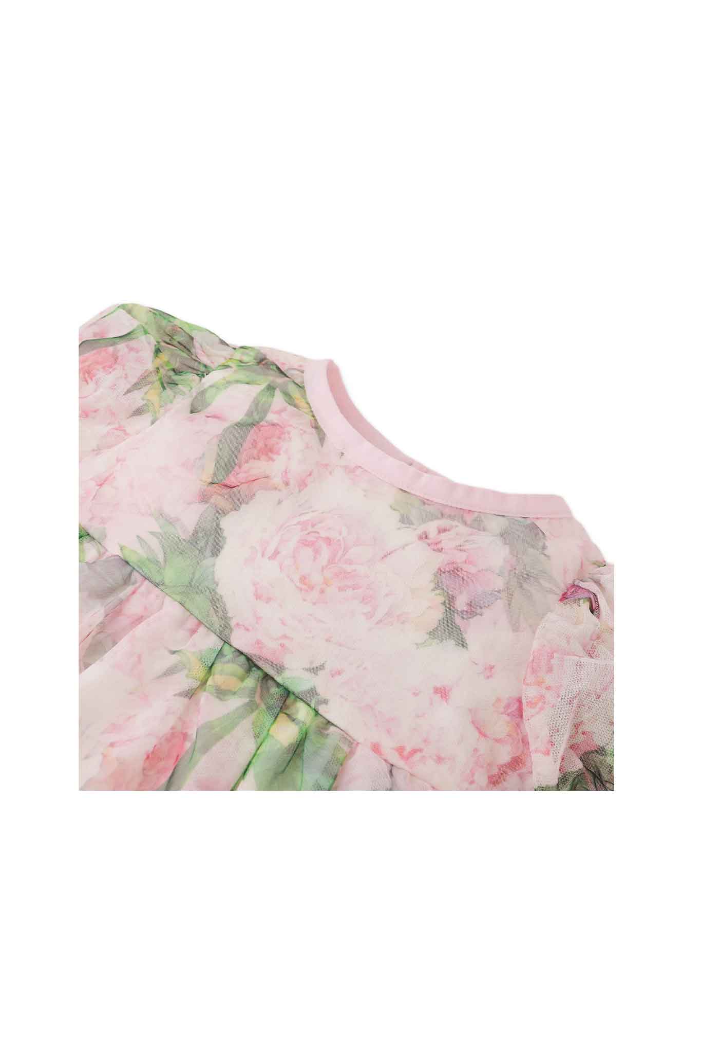 Gingersnaps Puffed-Sleeve Tiered Dress with All-Over Floral Print on Tulle