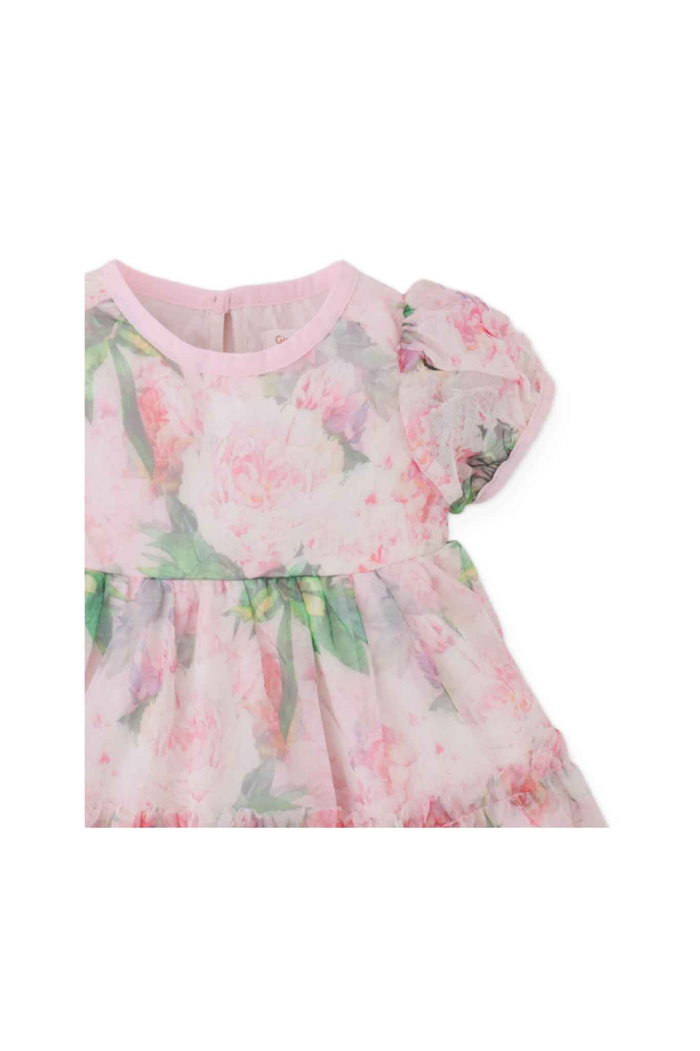 Gingersnaps Puffed-Sleeve Tiered Dress with All-Over Floral Print on Tulle