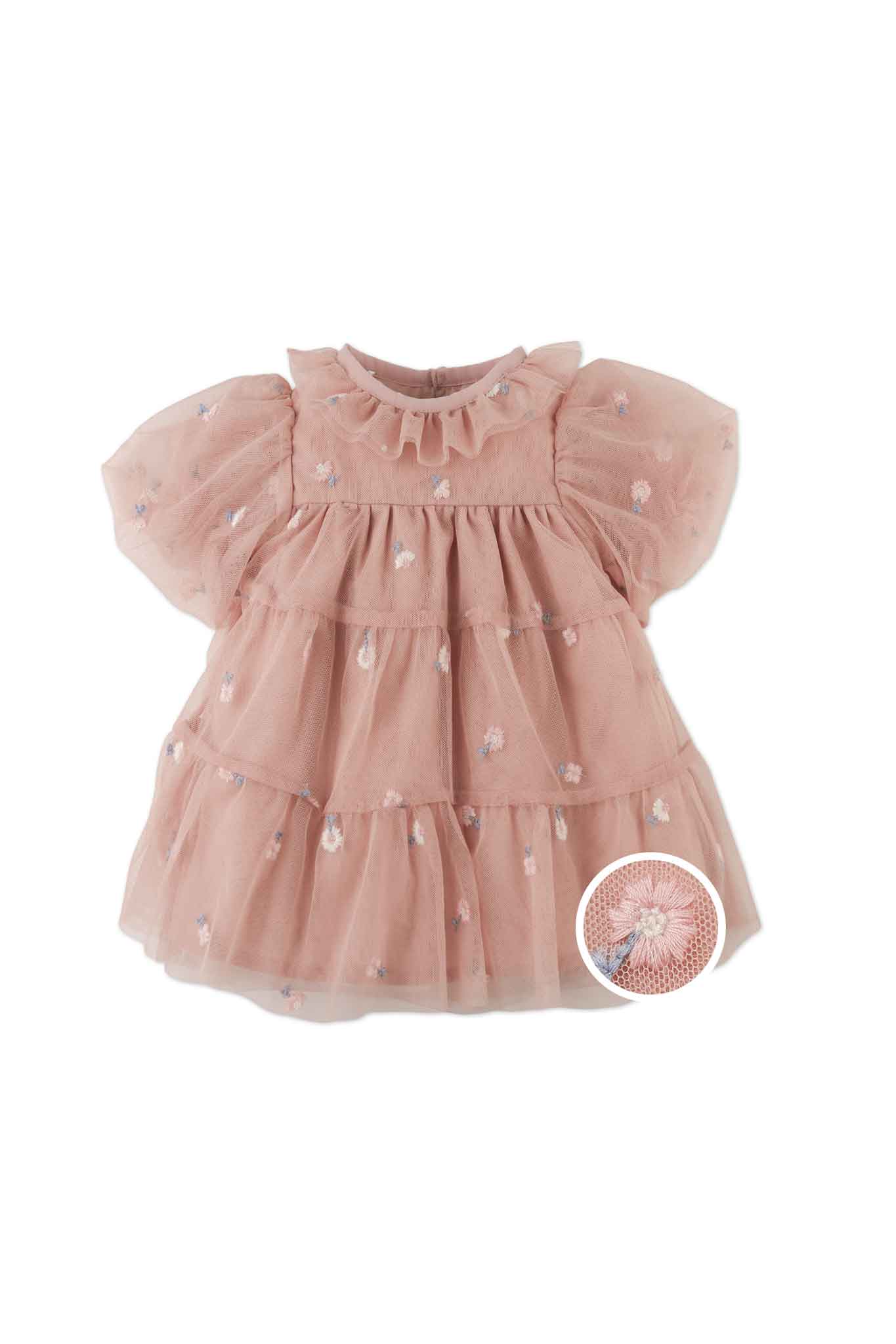 Gingersnaps Puff Sleeve Embroidered Tulle Dress with Ruffle Collar