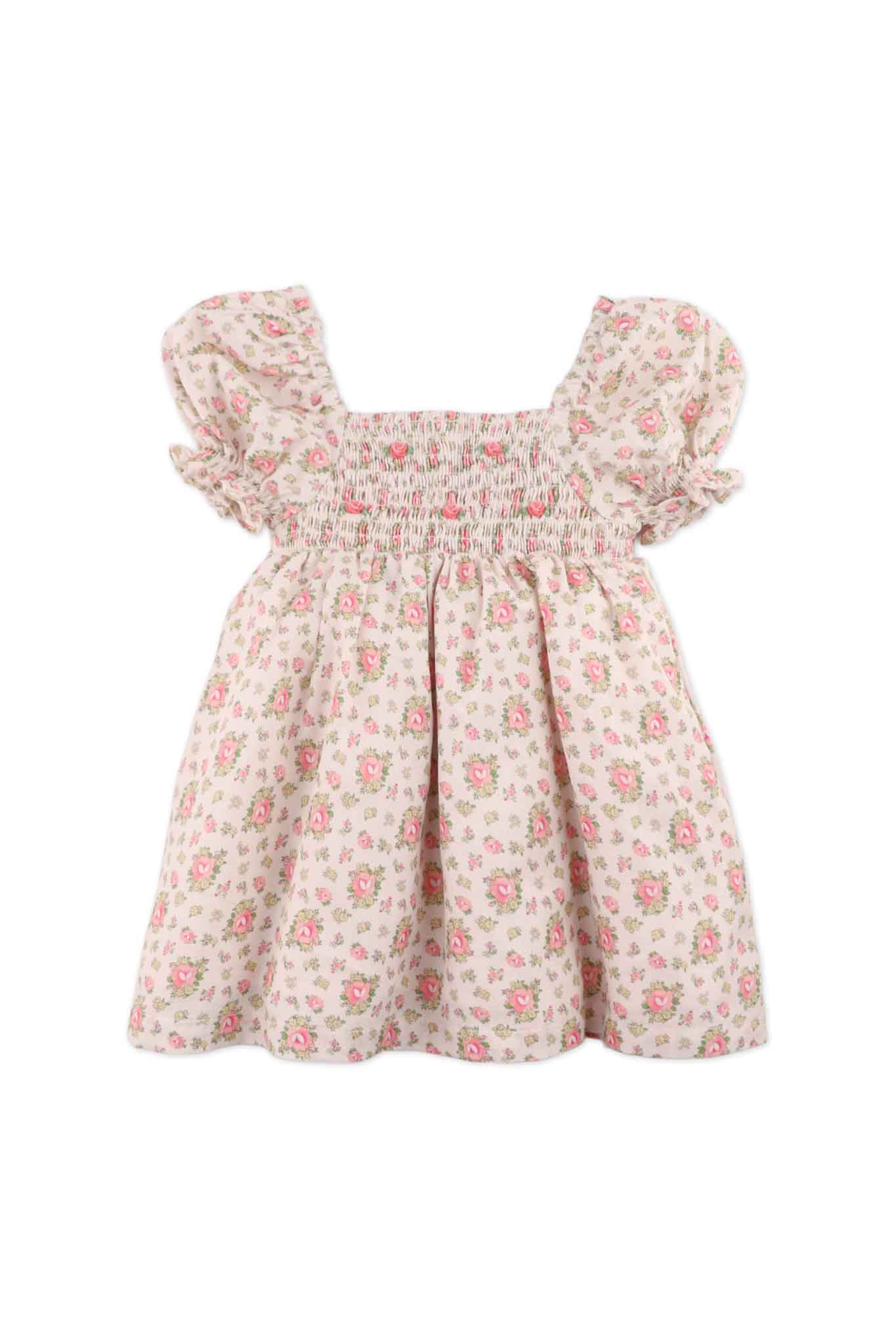 Gingersnaps Floral Printed Puff Sleeve Dress With Smocking and Embroidery Details