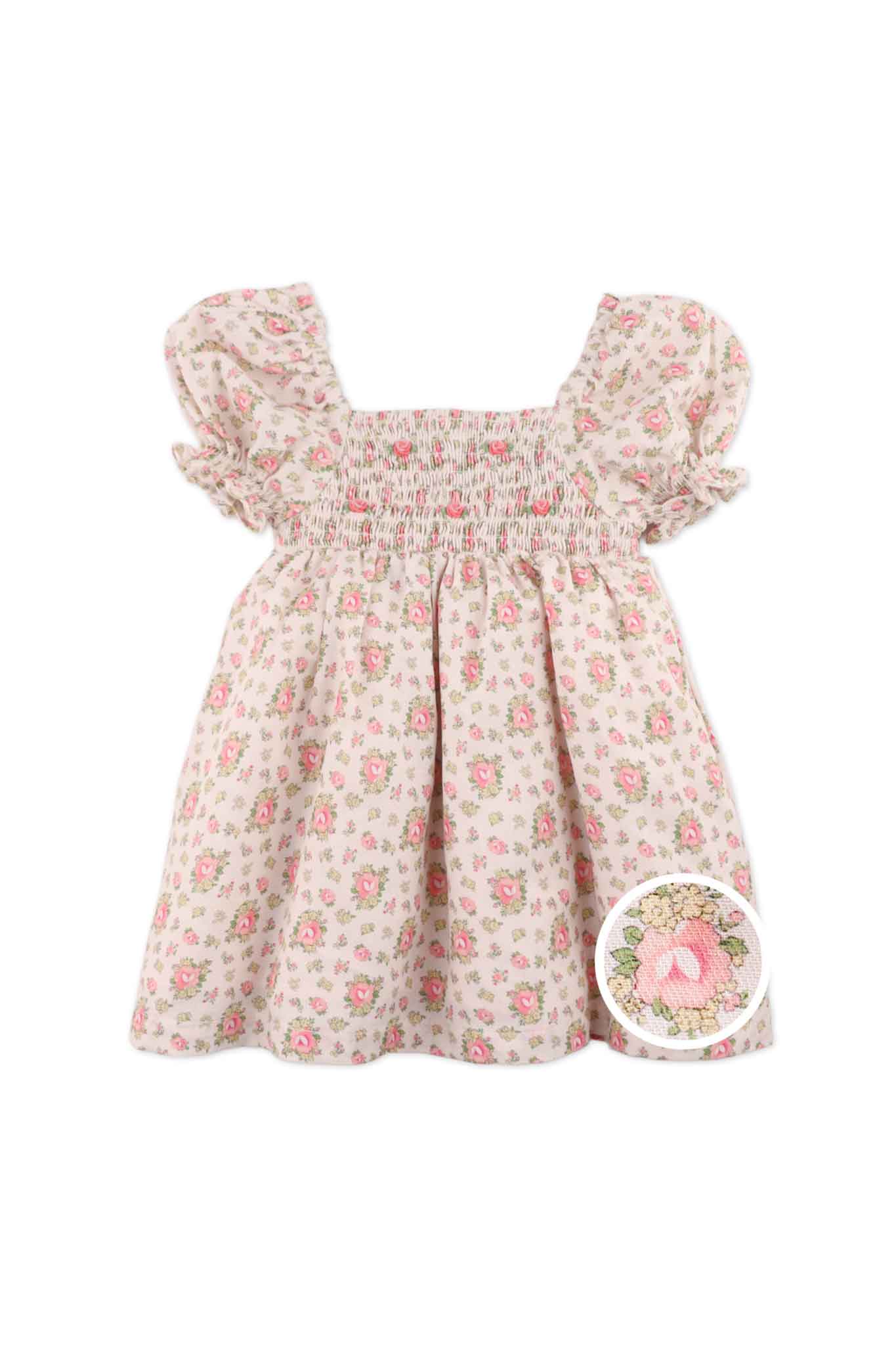 Gingersnaps Floral Printed Puff Sleeve Dress With Smocking and Embroidery Details