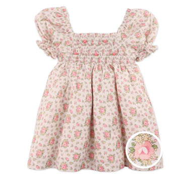 Gingersnaps Floral Printed Puff Sleeve Dress With Smocking and Embroidery Details