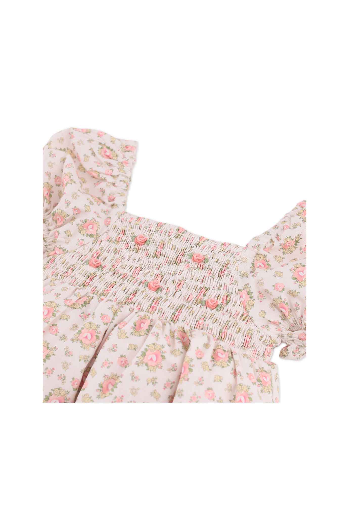 Gingersnaps Floral Printed Puff Sleeve Dress With Smocking and Embroidery Details
