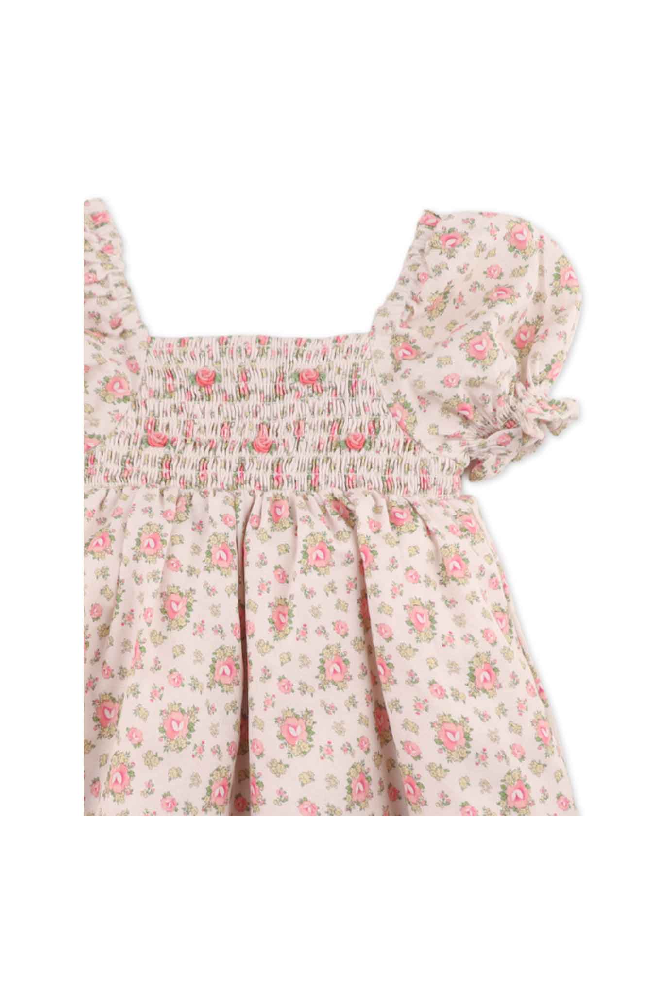 Gingersnaps Floral Printed Puff Sleeve Dress With Smocking and Embroidery Details