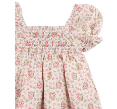 Gingersnaps Floral Printed Puff Sleeve Dress With Smocking and Embroidery Details