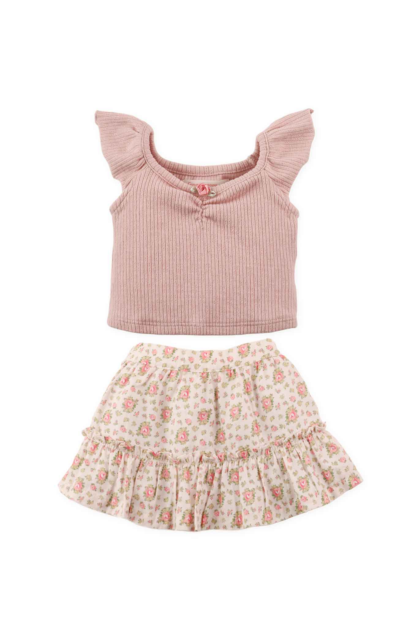 Gingersnaps Pointelle Jersey Knit Top With Collar and Floral Printed Skirt Set