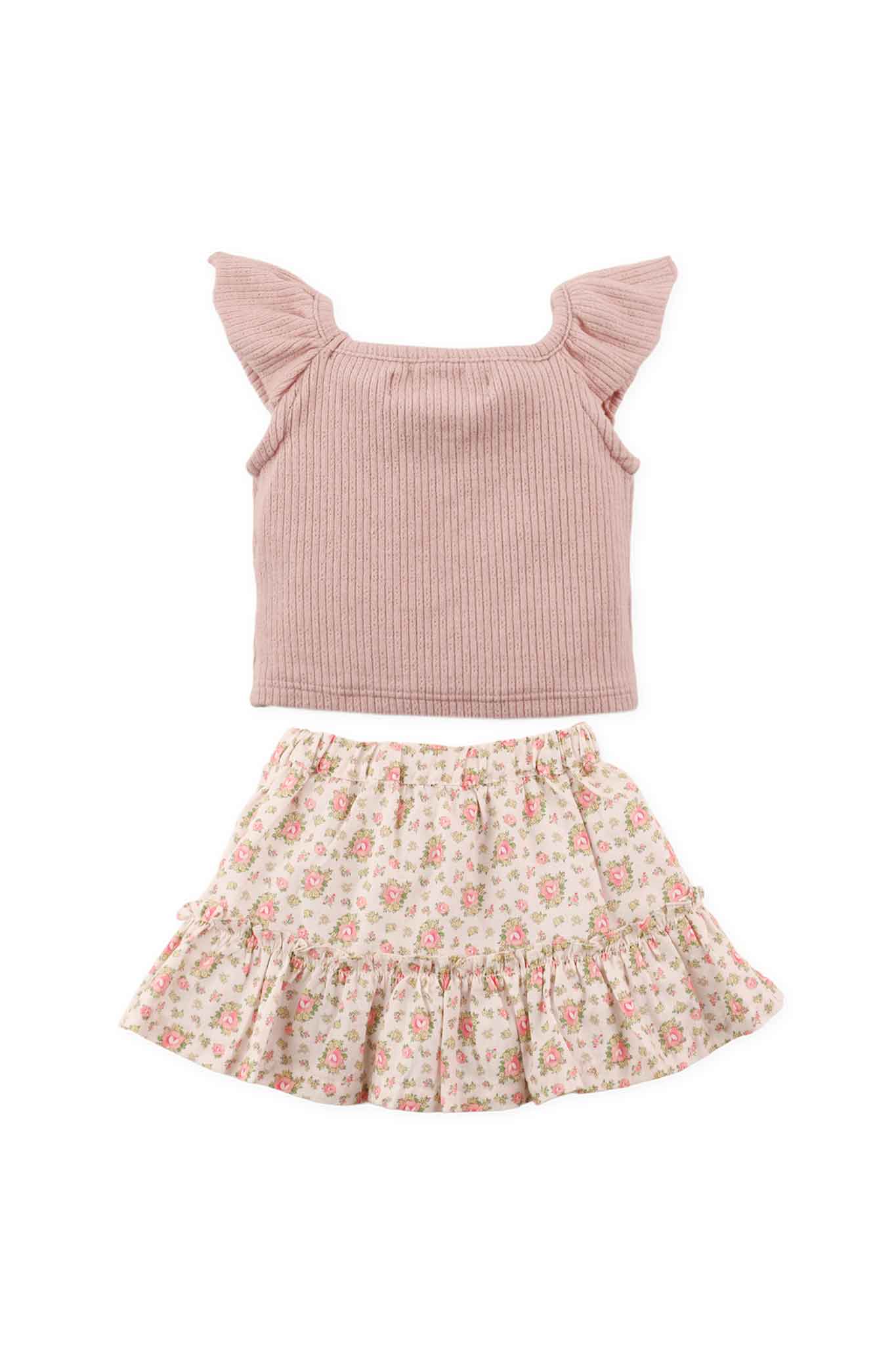 Gingersnaps Pointelle Jersey Knit Top With Collar and Floral Printed Skirt Set