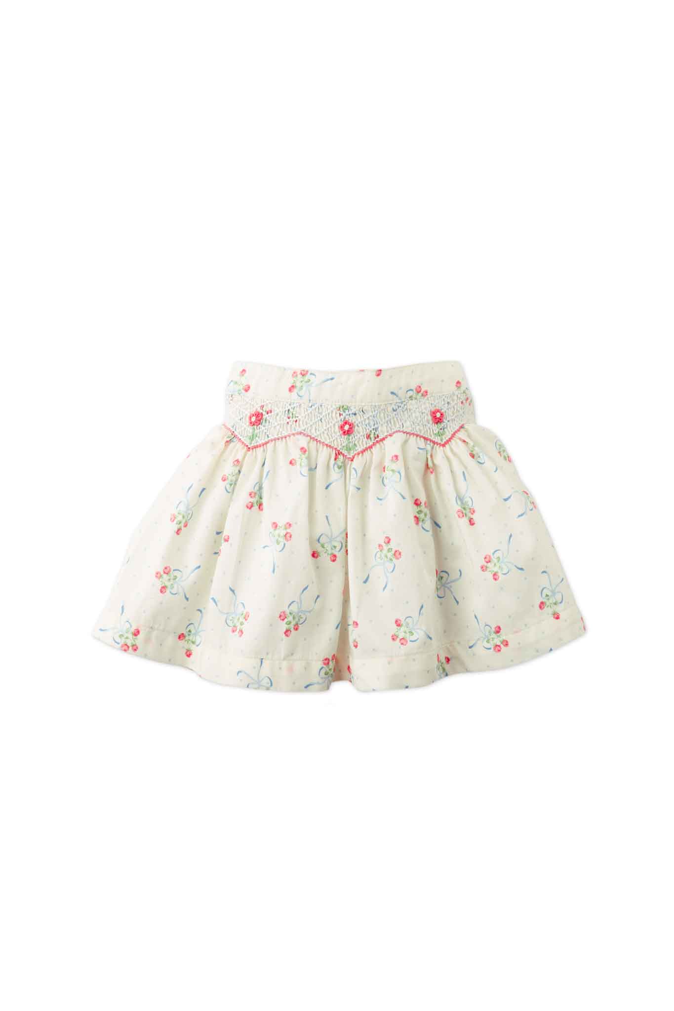Gingersnaps Floral and Bow Printed Skirt With Smocking Details and Bullion Flower Embroidery