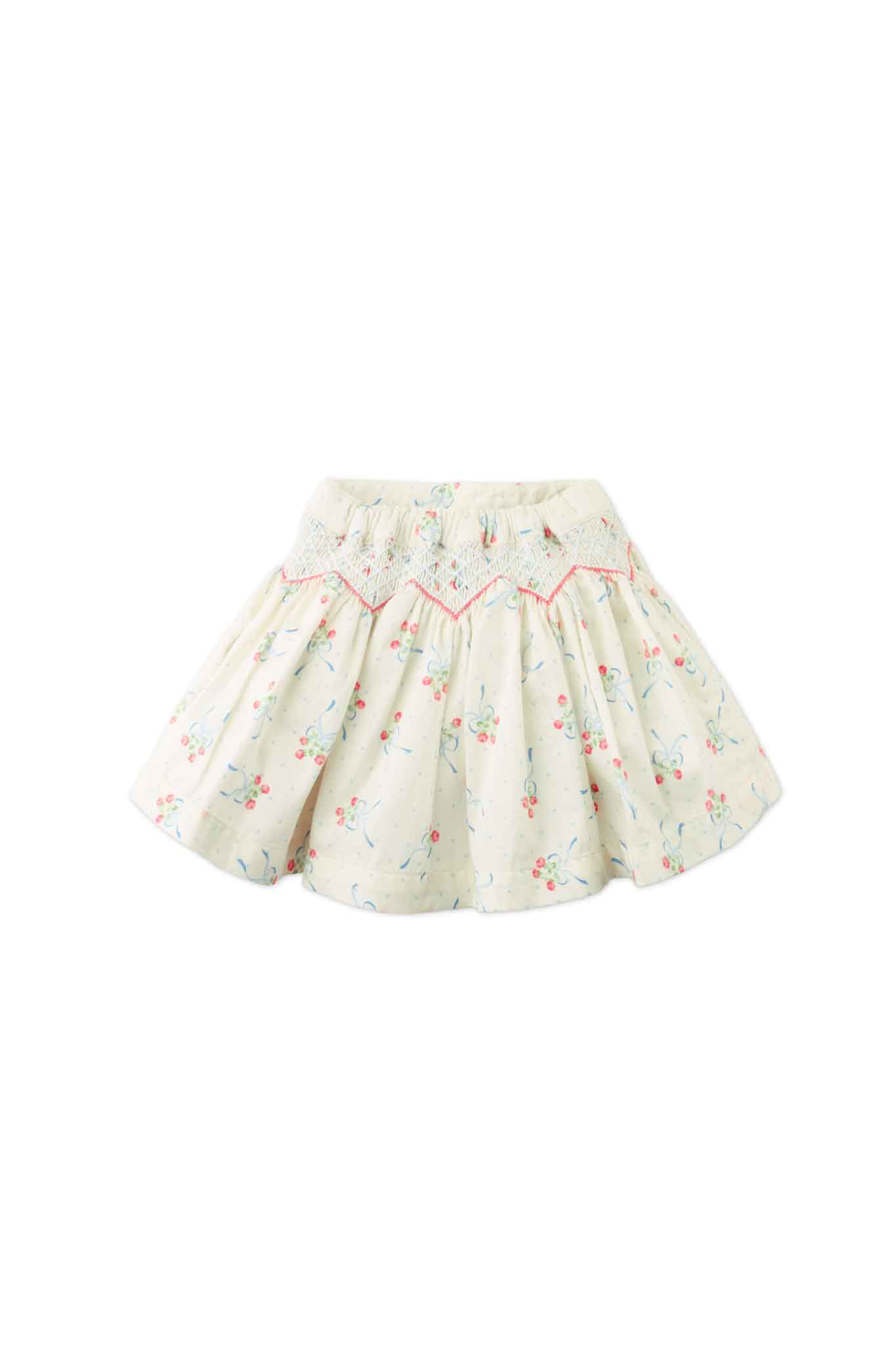 Gingersnaps Floral and Bow Printed Skirt With Smocking Details and Bullion Flower Embroidery