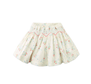Gingersnaps Floral and Bow Printed Skirt With Smocking Details and Bullion Flower Embroidery