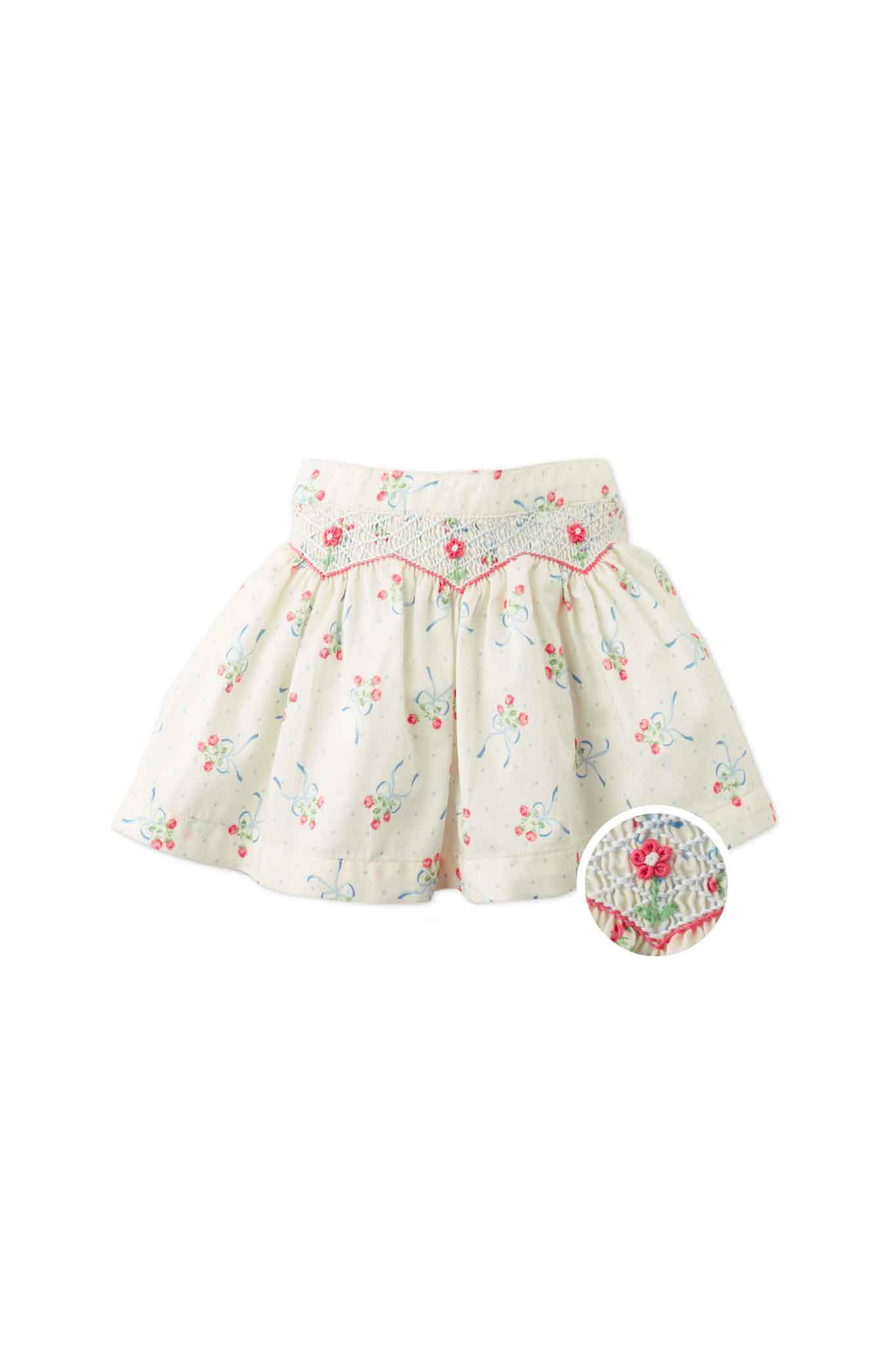 Gingersnaps Floral and Bow Printed Skirt With Smocking Details and Bullion Flower Embroidery