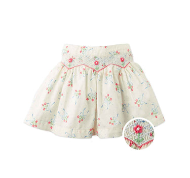 Gingersnaps Floral and Bow Printed Skirt With Smocking Details and Bullion Flower Embroidery