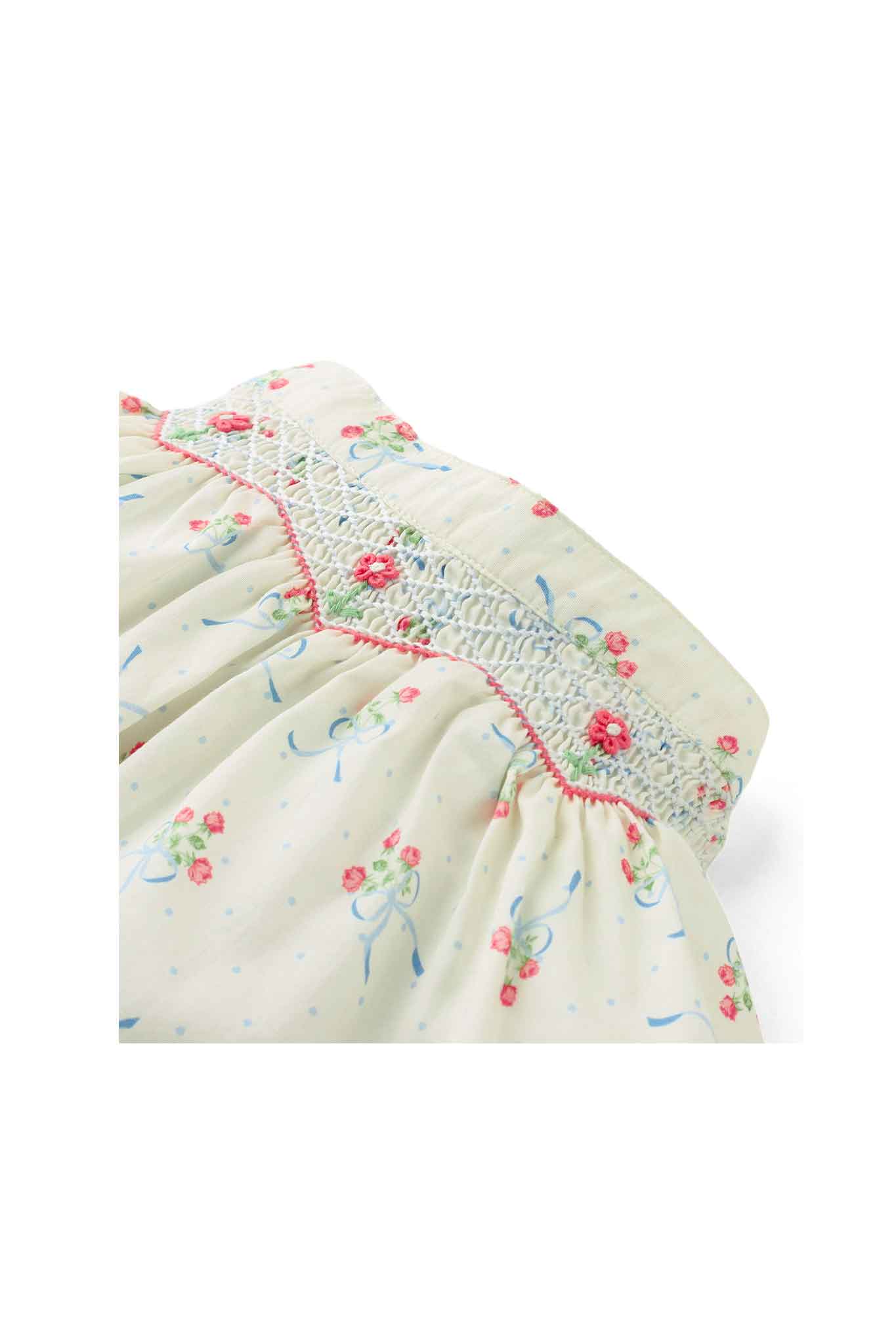 Gingersnaps Floral and Bow Printed Skirt With Smocking Details and Bullion Flower Embroidery