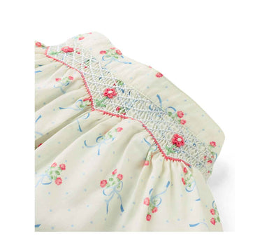 Gingersnaps Floral and Bow Printed Skirt With Smocking Details and Bullion Flower Embroidery