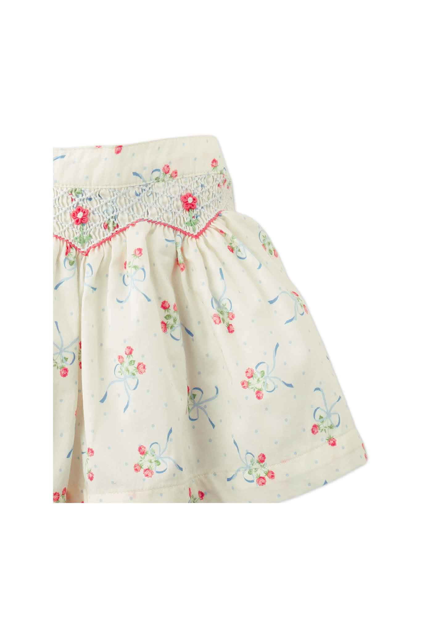 Gingersnaps Floral and Bow Printed Skirt With Smocking Details and Bullion Flower Embroidery