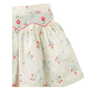 Gingersnaps Floral and Bow Printed Skirt With Smocking Details and Bullion Flower Embroidery