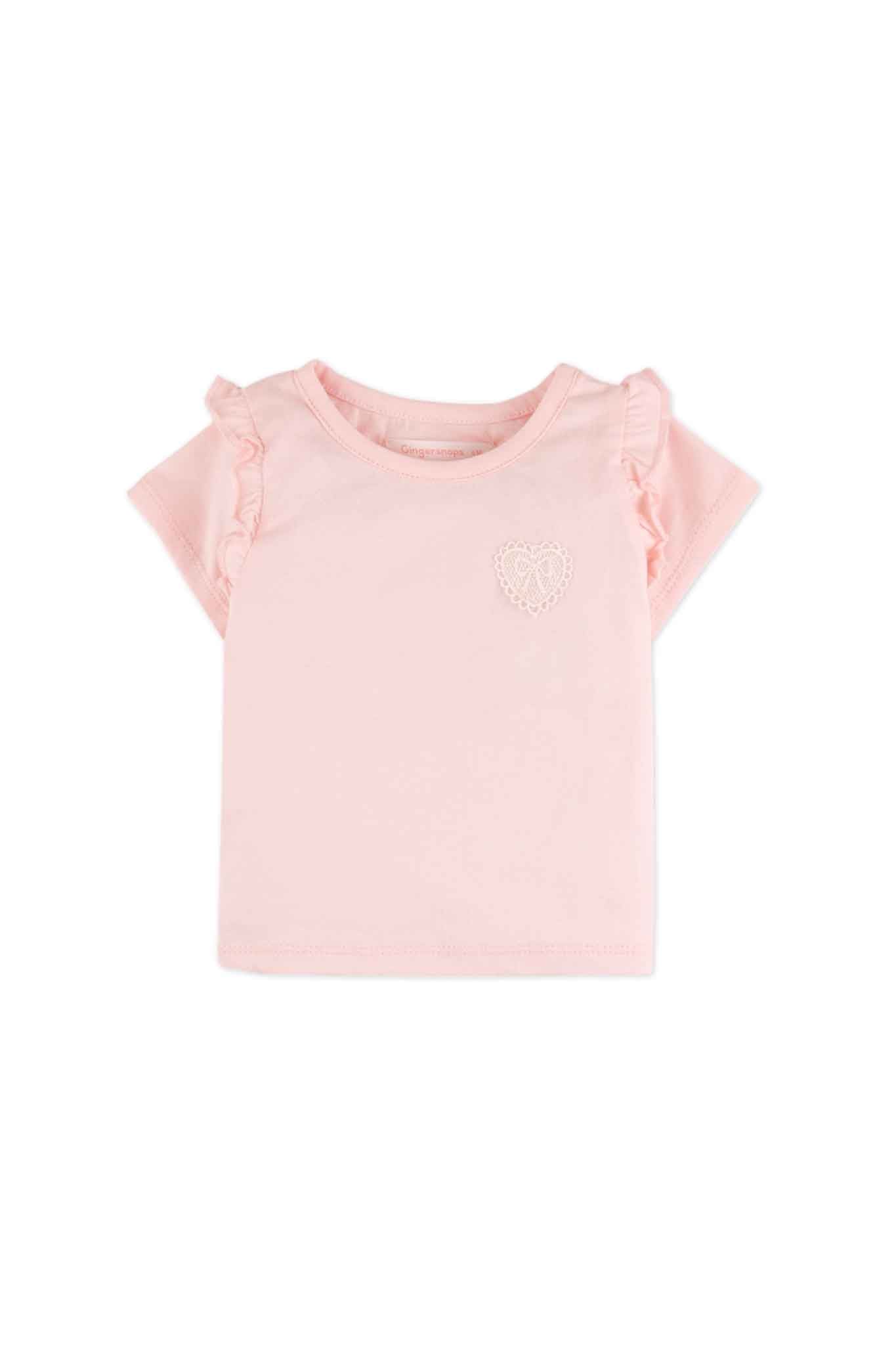 Gingersnaps T-Shirt With Set-In Ruffles On Sleeves and Heart Lace Appliqué On Chest