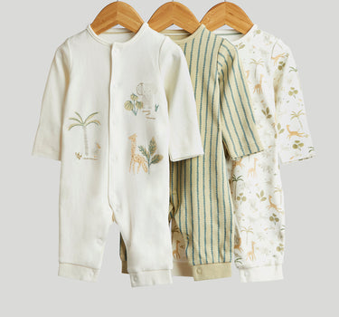 Mothercare 3 Pack Safari Footless Sleepsuits