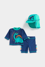 Load image into Gallery viewer, Mothercare Dinosaur Sunsafe Rash Vest, Shorts and Keppi Set
