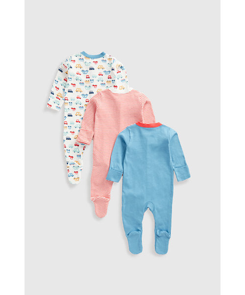 Mothercare Cars Baby Sleepsuits - 3 Pack
