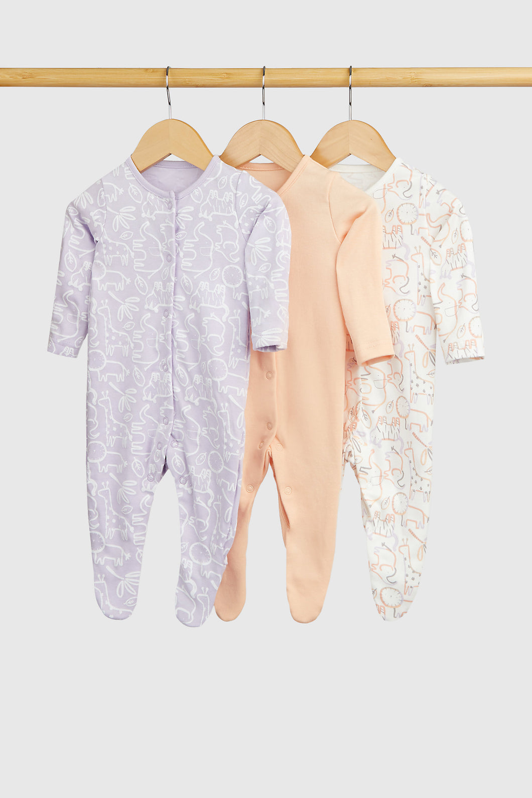 Mothercare Safari Baby Sleepsuits - 3 Pack