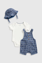 Load image into Gallery viewer, Mothercare Chambray Bibshorts, Bodysuit And Hat Set
