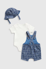 Load image into Gallery viewer, Mothercare Chambray Bibshorts, Bodysuit And Hat Set
