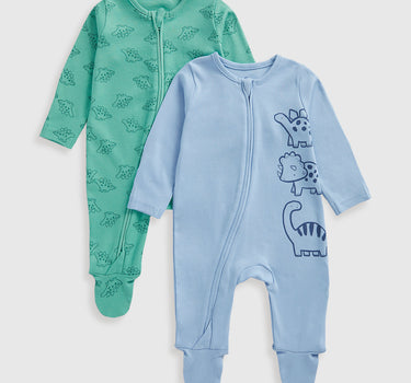 Mothercare Dinosaur Zip-Up Baby Sleepsuits - 2 Pack