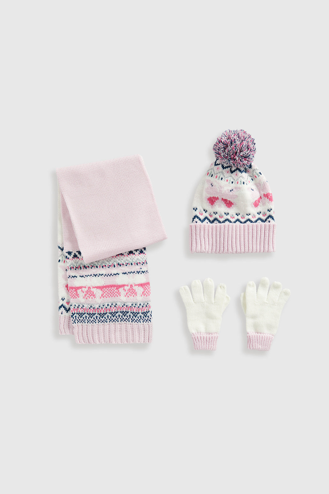 Mothercare Pink Knitted Hat, Scarf and Gloves Set